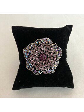 Silver Tone Pink Purple Rhinestone Flower Floral Brooch Pendant
